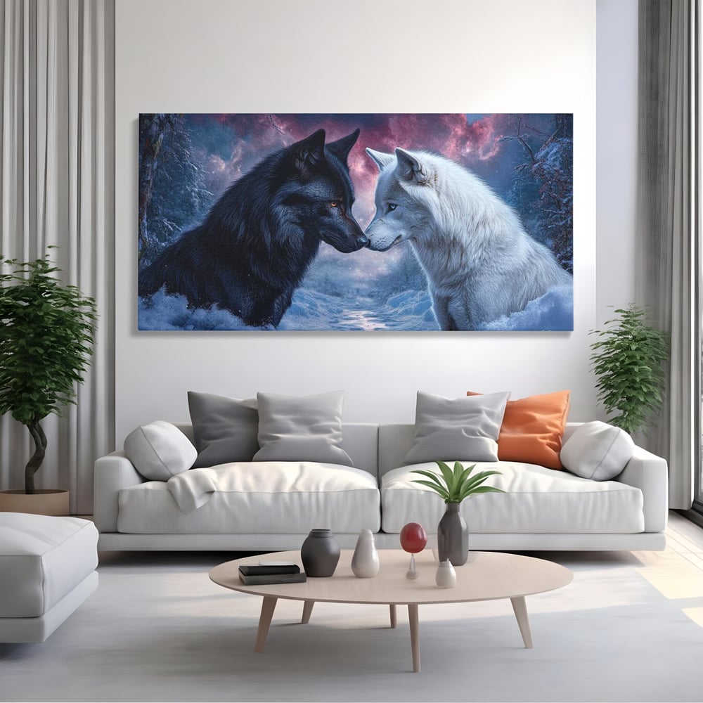 Tablou canvas cu tablou canvas cu doi lupi, fara rama, pe sasiu de lemn, pe perete intr-un living